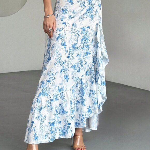 Blue & White Boho Women's Floral High Waist Maxi Skirt - Picture 6 of 8
